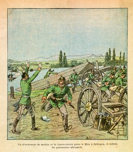 The Eastern Armee of Eugene Sergeant, känd som Grenest, illustrerad av Louis Bombled (1862-1927) (fransk-tyska kriget; kampanj 1870-1871): En avdelning av franska motiv och krypskyttar korsade Rhen och skakade de tyska broarbetarna, Privata Collecti av Louis Charles Bombled