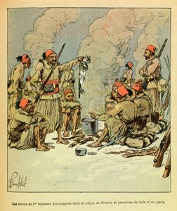 The Eastern Armee of Eugene Sergeant, kendt som Grenest, illustreret af Louis Bombled (1862-1927) (den fransk-tyske krig; kampagne 1870 -1871): Januar 1871, 1. regiments turcos bivuaenter i sneen, i bluser og bukser af lærred og bare feeswed av Louis Charles Bombled