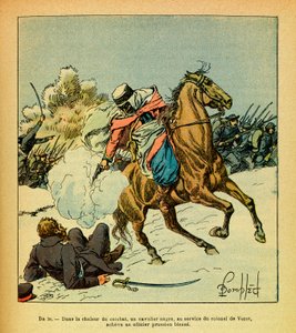 The Eastern Armee of Eugene Sergeant, känd som Grenest, illustrerad av Louis Bombled (1862-1927) (fransk-tyska kriget; kampanj 1870 -1871): Januari 1871, en svart ryttare i tjänst av överste De Vezet fullbordar en preussisk officer sårad, Samling Pa av Louis Charles Bombled