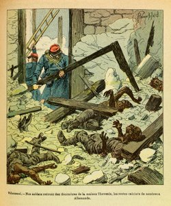 The Eastern Armee of Eugene Sergeant, känd som Grenest, illustrerad av Louis Bombled (1862-1927) (fransk-tyska kriget; kampanj 1870 -1871): Januari 1871, slaget vid Villersexel, franska soldater tar bort resterna av tyska från ett hus soldater, menig C av Louis Charles Bombled