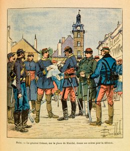 The Eastern Armee of Eugene Sergeant, känd som Grenest, illustrerad av Louis Bombled (1862-1927) (fransk-tyska kriget; kampanj 1870 -1871): Slaget vid Nuits Saint Georges; General Cremer på Marche Square ger sina order om försvar, december 1870, Pr av Louis Charles Bombled