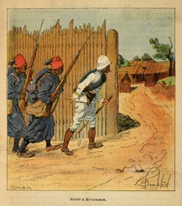 Kriget i Madagaskar-Anekdotisk historia om de franska expeditionerna 1885-1895 av Henri Galli dit Galllichet (1854-1922), illustrerad av Louis Bombled (1862-1927): Franska trupper gick in i byn Mevatanana 1895, privat samling av Louis Charles Bombled