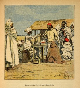Kriget i Madagaskar-Anekdotisk historia om de franska expeditionerna 1885-1895 av Henri Galli dit Galllichet (1854-1922), illustrerad av Louis Bombled (1862-1927): Convoyeurs Kabiles ett besök av en militärläkare, Privat samling av Louis Charles Bombled