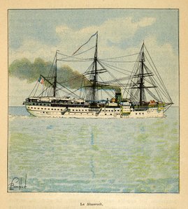 The War in Madagascar-Anecdotal History of the French Expeditions of 1885-1895 av Henri Galli dit Galllichet (1854-1922), illustrerad av Louis Bombled (1862-1927): Sjukhusfartyget "Shamrock" på väg till Madagaskar, privat samling av Louis Charles Bombled