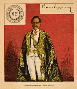 Kriget i Madagaskar-Anekdotisk historia om de franska expeditionerna 1885-1895 av Henri Galli dit Galllichet (1854-1922), illustrerad av Louis Bombled (1862-1927): Porträtt av premiärminister Rainilaiarivony (1828-1896), privat samling av Louis Charles Bombled