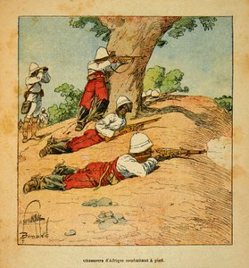 Kriget i Madagaskar-Anekdotisk historia om de franska expeditionerna 1885-1895 av Henri Galli dit Galllichet (1854-1922), illustrerad av Louis Bombled (1862-1927): Afrikas jägare slåss till fots i Madagaskar 1895, privat samling av Louis Charles Bombled