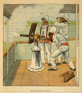 The War in Madagascar-Anekdotisk historia om de franska expeditionerna 1885-1895 av Henri Galli dit Galllichet (1854-1922), illustrerad av Louis Bombled (1862-1927): Kanonskott på Hovas ombord på kanoniern "" La Brave "" år 1895, Privat samling av Louis Charles Bombled
