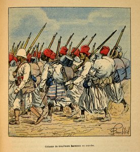 Kriget i Madagaskar-Anekdotisk historia om de franska expeditionerna 1885-1895 av Henri Galli dit Galllichet (1854-1922), illustrerad av Louis Bombled (1862-1927): Kolumn av Haoussas Tirailleurs marsch 1895, privat samling av Louis Charles Bombled