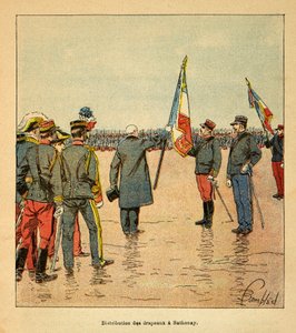 Kriget i Madagaskar-Anekdotisk historia om de franska expeditionerna 1885-1895 av Henri Galli dit Galllichet (1854-1922), illustrerad av Louis Bombled (1862-1927): Utdelning av flaggor i Sathonay till trupperna som avgick till Madagaskar 1895 pres av Louis Charles Bombled