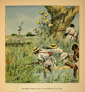 Kriget i Madagaskar - en anekdotisk historia om de franska expeditionerna 1885-1895 av Henri Galli dit Galllichet (1854-1922), illustrerad av Louis Bombled (1862-1927): Hovas Tirailleurs attackerar militärer som bygger en väg 1895, privat samling. av Louis Charles Bombled