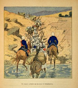 Kriget i Madagaskar-Anekdotisk historia om de franska expeditionerna 1885-1895 av Henri Galli dit Galllichet (1854-1922), illustrerad av Louis Bombled (1862-1927): en militärkonvoj på vägen till Suberbieville 1895, privat samling av Louis Charles Bombled