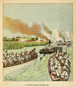 Kriget i Madagaskar-Anekdotisk historia om de franska expeditionerna 1885-1895 av Henri Galli dit Galllichet (1854-1922), illustrerad av Louis Bombled (1862-1927): Marineinfanteriet attackerade staden Marovoay 1895, privat samling av Louis Charles Bombled
