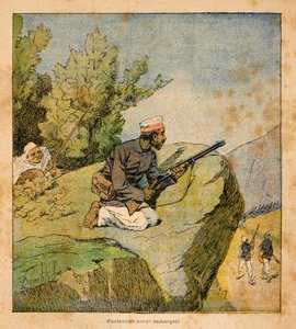 Kriget i Madagaskar-Anekdotisk historia om de franska expeditionerna 1885-1895 av Henri Galli dit Galllichet (1854-1922), illustrerad av Louis Bombled (1862-1927): Hovas bakhåll, privat samling av Louis Charles Bombled