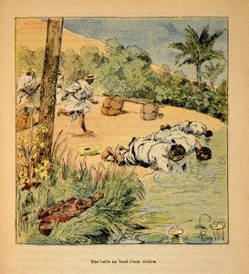 Kriget i Madagaskar-Anekdotisk historia om de franska expeditionerna 1885-1895 av Henri Galli dit Galllichet (1854-1922), illustrerad av Louis Bombled (1862-1927): Ett stopp vid floden 1895, privat samling av Louis Charles Bombled