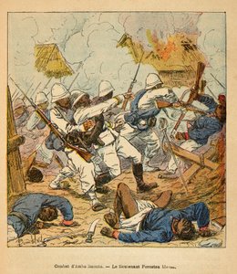 Kriget i Madagaskar-Anekdotisk historia om de franska expeditionerna 1885-1895 av Henri Galli dit Galllichet (1854-1922), illustrerad av Louis Bombled (1862-1927): Löjtnant Foreston sår under striderna vid Ambolomonty 1895, privat samling av Louis Charles Bombled