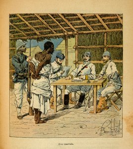 Kriget i Madagaskar-Anekdotisk historia om de franska expeditionerna 1885-1895 av Henri Galli dit Galllichet (1854-1922), illustrerad av Louis Bombled (1862-1927): Förhör av en Hovas-fånge av fransmännen, privat samling av Louis Charles Bombled