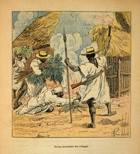 Kriget i Madagaskar-Anekdotisk historia om de franska expeditionerna 1885-1895 av Henri Galli dit Galllichet (1854-1922), illustrerad av Louis Bombled (1862-1927): Hovas brinnande byar, privat samling av Louis Charles Bombled