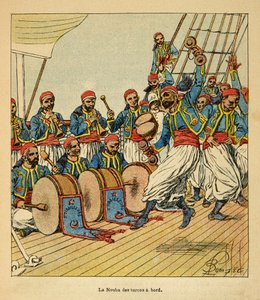 Kriget i Madagaskar-Anekdotisk historia om de franska expeditionerna 1885-1895 av Henri Galli dit Galllichet (1854-1922), illustrerad av Louis Bombled (1862-1927): De nio turkarna ombord på skeppet som seglar till Madagaskar, privat samling av Louis Charles Bombled