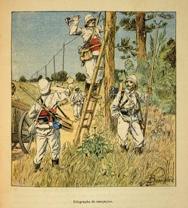 Kriget i Madagaskar-Anekdotisk historia av de franska expeditionerna 1885-1895 av Henri Galli dit Galllichet (1854-1922), illustrerad av Louis Bombled (1862-1927): Implementering av kampanjtelegrafen av militären i Madagaskar 1895, privat coll av Louis Charles Bombled