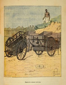 Kriget i Madagaskar-Anekdotisk historia om de franska expeditionerna 1885-1895 av Henri Galli dit Galllichet (1854-1922), illustrerad av Louis Bombled (1862-1927): Konvoj av bilar som Lefebvre använder för att försörja trupper, Privat samling av Louis Charles Bombled