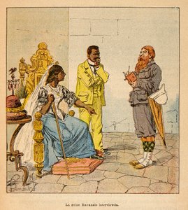 Kriget i Madagaskar-Anekdotisk historia av de franska expeditionerna 1885-1895 av Henri Galli dit Galllichet (1854-1922), illustrerad av Louis Bombled (1862-1927): en engelsk journalist intervjuade drottning Ravanalo 1895 i närvaro av hans premiärminister  av Louis Charles Bombled