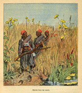 Kriget i Madagaskar-Anekdotisk historia om de franska expeditionerna 1885-1895 av Henri Galli dit Galllichet (1854-1922), illustrerad av Louis Bombled (1862-1927): Franska trupper på expedition i kärren i Madagaskar 1895, Privat samling av Louis Charles Bombled