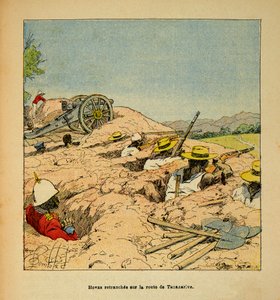 Kriget i Madagaskar-Anekdotisk historia om de franska expeditionerna 1885-1895 av Henri Galli dit Galllichet (1854-1922), illustrerad av Louis Bombled (1862-1927): Hovas truppskyttegravar på vägen till Tannarive 1895, Privat samling av Louis Charles Bombled