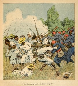 Kriget på Madagaskar - Anekdotisk historia om de franska expeditionerna 1885-1895 av Henri Galli dit Galllichet (1854-1922), illustrerad av Louis Bombled (1862-1927): Malagasyerna tog en kanon under Ambolomonty-striderna 1895, Privat samling av Louis Charles Bombled