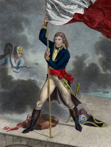 Napoleon Bonaparte under slaget vid bron av Arcole (Arcola), november 1796 - Buonaparte General sv chef för Armee of Italy planterar en flagga på bron av Arcole 1796 - gravyr av Louis Charles Ruotte