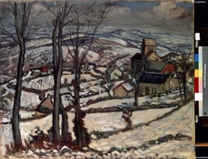 By i Morvan under snön. Målning av Louis Charlot (1878-1951) av Louis Charlot