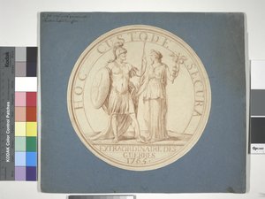 Medaljdesign, krig och fred: HOC CUSTODE SECURA av Louis Claude (attr. to) Vassé