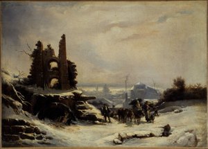 Återkomsten från marknaden (snöeffekt i Paris), ca 1830 (olja på duk) av Louis Claude Mallebranche