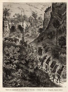 En konvoj av köpmän och deras bärare på väg till Yunnan (Kina), graverad efter teckningen av L. Delaporte, för att illustrera utforskningsresan i Indokina av Francis Garnier, fartygslöjtnant, 1866-1868, publicerad i "" Le tour du monde”” 187 av Louis Delaporte