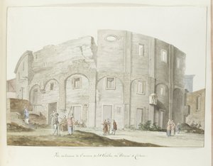 Buitenmuur van oude theater van Catanië Exteriörvy av den gamla lilla teatern, eller Odeum i Catania (titel på objektet) Resor i Italien, Sicilien och Malta - 1778 (serietitel) av Louis Ducros