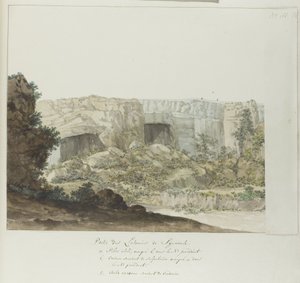 Gedeelte van Latomies grotta vid Syracuse Del av Latomies of Syracuse (titel på objekt) Resor i Italien, Sicilien och Malta - 1778 (serietitel) av Louis Ducros