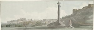 Se på Arriano och monument, så kallad altaar van Janus Utsikt över staden Arriano (Equotuticum), ett forntida monument som kallas Ianus altar och den förstörda fästningen (titel på objektet) Resor i Italien, Sicilien och Malta - 1778 (serietitel) av Louis Ducros