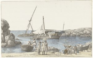 Utsikt över Taranto och tillflyktsort från Luogo Vivo Utsikt över vår Tarentin-byggnad och hamnen i den tidigare nr. jordning (titel på objekt) Resor i Italien, Sicilien och Malta- 1778 (serietitel)