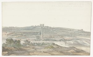Utsikt över Stormästarens Vedala-palats, som ligger i Boschetto på Malta Vue de Boschetto, maison de plaisance du Grand-Maître, à 2 lieus de la ville de Malthe (titel på objektet) Voyage en Italy, och Sicile et à Malte - 1778 (serietitel) av Louis Ducros