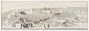 Utsikt över den lilla tillflyktsort från Luogo Vivo på de vaarroute San Vito Utsikt över den lilla hamnen i Luogo Vivo sydost om Cape San Vito tagen från skeppet (titel på objektet) Resor i Italien, Sicilien och Malta - 1778 (serietitel) av Louis Ducros