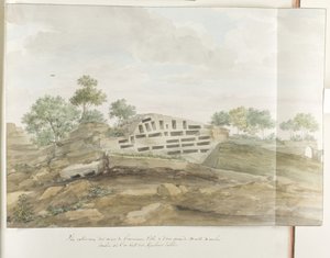Gezicht op de muren av Agrigentum och många rotsgraven Exteriör vy av murarna i den antika staden och en stor massa av fallen sten, där vi ser snidade gravar (titel på objektet) Resor i Italien, Sicilien och Malta - 1778 (serietitel) av Louis Ducros