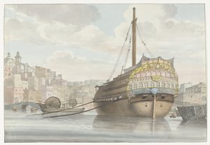 Utsikt över tillflyktsort med gale schip vlakbij de werf Vy underifrån av Port des Galères i Malthe, tagen från varvet (titel på objektet) Resor i Italien, Sicilien och Malta - 1778 (serietitel) av Louis Ducros