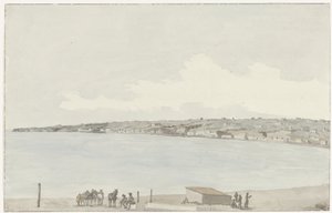 Utsikt över Pausilype udde med drottning Jeannes gamla palats och Sannazars landsbygd från värdshusets balkong Vue du Promontoire de Pausilype, pris du balcon de notre auberge où se trouvent l