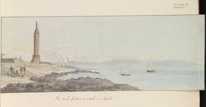 Utsikt över fyren vid hamnhuvudet i Neapel Vue de la Lanterne du Mole à Neapel (titel på objekt) Voyage en Italy, och Sicile et à Malte - 1778 (serietitel)