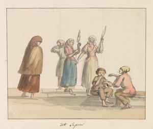 Traditionella dräkter på ön Gozo Costume de Ghozo (titel på objekt) Voyage en Italy, och Sicile et à Malte - 1778 (serietitel)