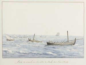 Koraalvissers voor de kust på Sicilien ter höjd av Terra Nuova Korallfiske på Siciliens kuster mot Terra Nuova (titel på objekt) Resor i Italien, Sicilien och Malta - 1778 (serietitel) av Louis Ducros