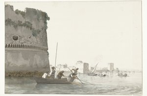 Mosselvissers op Mare Piccolo bij de vestingwerken van Taranto Fiske efter musslor i Mare piccolo i Taranto sett från hörnet av Citadellet (titel på objektet) Resor i Italien, Sicilien och Malta - 1778 (serietitel)
