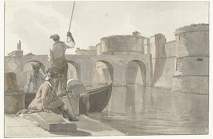 Ny vestingsgracht van de vestingwerken i Taranto Utsikt över den nya vallgraven i Citadellet i Taranto (titel på objektet) Resor i Italien, Sicilien och Malta - 1778 (serietitel) av Louis Ducros