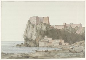 Rapar i stad Scilla in de regio Calabria aan de westkust Rock & Town of Scilla i Kalabrien; vy tagen från solnedgångssidan (titel på objekt) Resor i Italien, Sicilien och Malta - 1778 (serietitel)