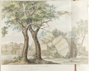 Ruïne van Zeus Olympus tempel i gamla Agrigento Första utsikten över ruinerna av Olympian Jupiters tempel (titel på objektet) Resor i Italien, Sicilien och Malta - 1778 (serietitel) av Louis Ducros