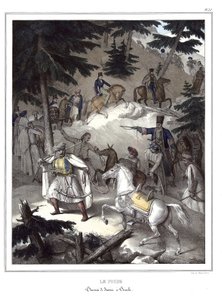 Le Pinde, traversee de Janina a Tricala. i "" Resan till Aten och Konstantinopel, eller samling av grekiska och osmanska porträtt, vyer och kostymer, målade på platser efter naturen, litografier och färger av Louis Dupre (1789-1837), Davids elev.1825 av Louis Dupré